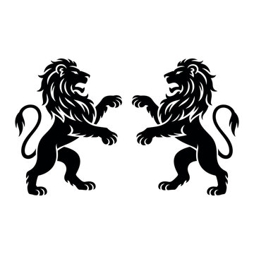 Two rampant black lions heraldic emblem on white background vector illustration