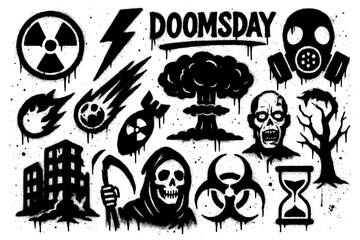 Doomsday icons with skulls, explosions, and grim reaper in spray paint style, Transparent Background