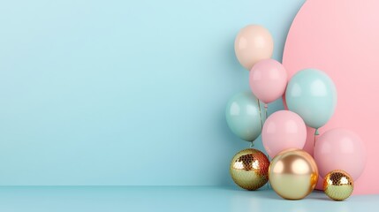 Pastel Balloons and Gold Spheres 3D Render, Party Decor, Festive Background Party Decorations, 3D Rendering