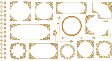An Elegant Collection of Ornate Golden Decorative Borders and Corners Perfect for Invitations Certificates and Elegant Designs Featuring a Variety of Shapes Including Rectangular Circular and Square F