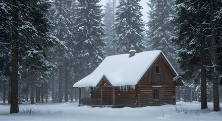 Cozy wooden cabin nestled in a snowy winter forest, perfect for a peaceful and tranquil getaway escape from the city.