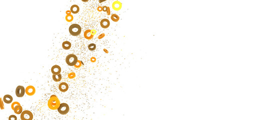 Abstract background with golden rings falling on white. Perfect for celebration, luxury, or food themes.