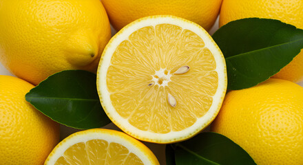 Juicy ripe lemons with vibrant green leaves, perfect for refreshing summer drinks and zesty recipes, adding a burst of citrus flavor to your culinary creations.