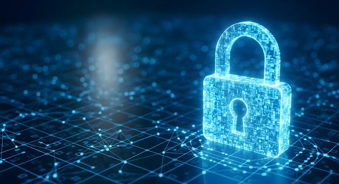A glowing blue padlock on a digital network background. A concept for cybersecurity, data encryption, internet safety, and private information protection.