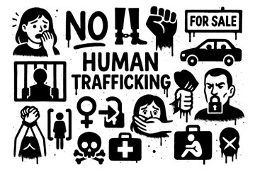 Anti human trafficking symbols in bold stencil protest style, Transparent Background