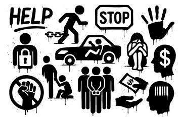 Anti human trafficking symbols in bold stencil protest style, Transparent Background