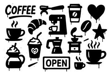 Coffee shop elements in bold stencil spray paint style, Transparent Background