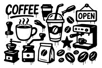 Coffee shop elements in bold stencil spray paint style, Transparent Background