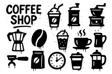 Coffee shop elements in bold stencil spray paint style, Transparent Background