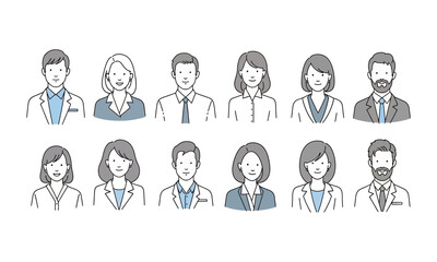Line art illustration set of diverse business people portraits. Professional team member avatars for corporate identity.