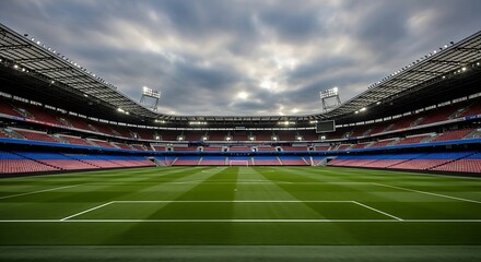 View of a stadium with green field and many colored seats under an overcast sky,Empty soccer stadium with clean lines and muted colors on a cloudy day