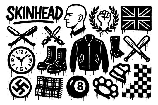Skinhead culture elements in punk stencil spray paint style, Transparent Background