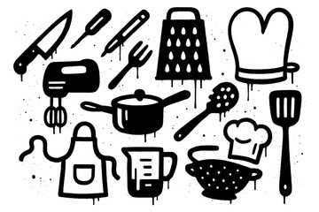 Kitchen and baking tools in stencil spray paint style, Transparent Background