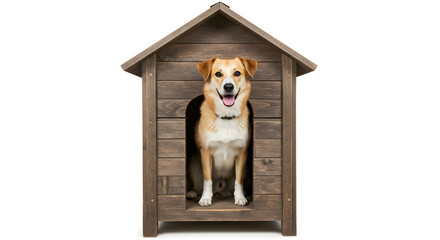 Happy dog sitting in his new wooden dog house, ready for a nap in the sun, a perfect pet home.