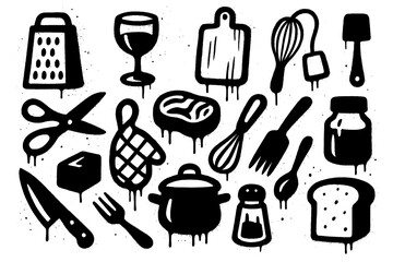 Kitchen and baking tools in stencil spray paint style, Transparent Background