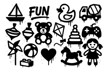 Children's toy icons in bold stencil spray paint style, Transparent Background