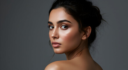 Radiant young woman with glowing skin and dark hair, looking over her shoulder, perfect for beauty and cosmetics advertising campaigns.