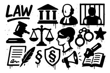 Court and justice icons in spray paint stencil doodle style, Transparent Background