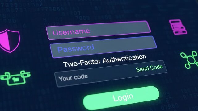 A digital login interface on a screen showing fields for username, password, and two-factor authentication.