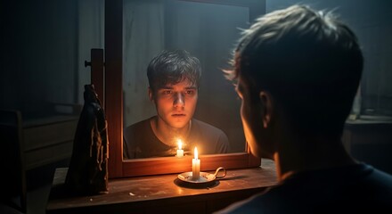 Solitary Reflections: A Young Man Contemplates in Candlelight, Mirror Images: Introspection and Self-Reflection in a Dimly Lit Setting