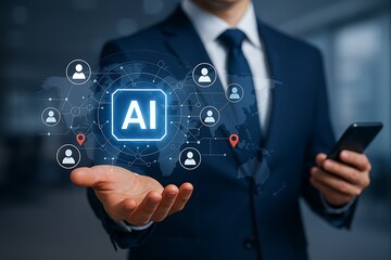 Businessman managing artificial intelligence powered network with global workforce connections and smart communication system in modern technology concept for digital business operations efficiency