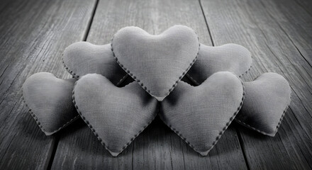 Seven gray felt hearts arranged on rustic wood background, perfect for Valentine's Day, wedding, or love themed projects and designs.