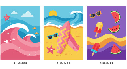A vibrant collection of three summer-themed posters featuring beach scenes ocean waves watermelons sunglasses and refreshing popsicles evoking a feeling of warmth and relaxation during the sunny seaso