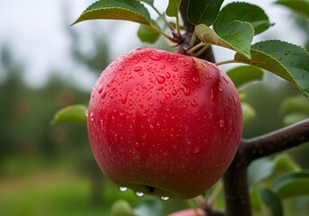 Ripe red apple with water droplets hanging on a tree branch