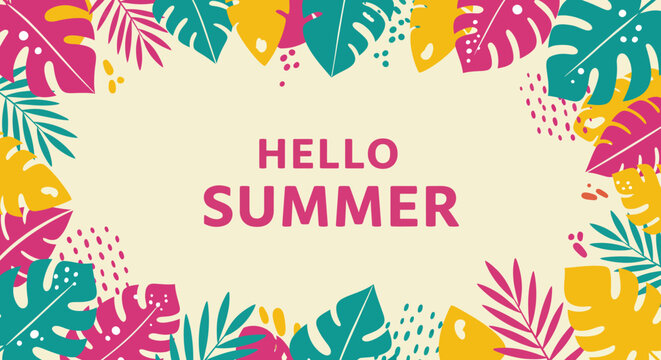 Embrace the Warmth and Sunshine of the Most Anticipated Season with Vibrant Tropical Foliage and the Cheerful Greeting Hello Summer Evoking Feelings of Joy and Relaxation