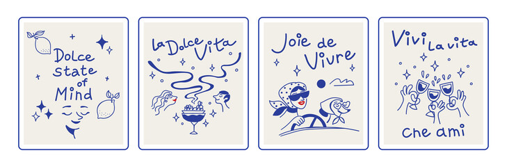 Sketch posters on a light background, La Dolce Vita theme illustrations, linear doodle style, celebration of life, with a text slogan, book cover and packaging design, simple, flat banners