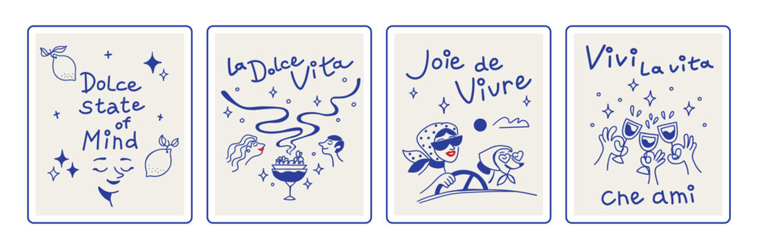 Sketch posters on a light background, La Dolce Vita theme illustrations, linear doodle style, celebration of life, with a text slogan, book cover and packaging design, simple, flat banners