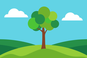 Fototapeta premium Stylized green tree with clouds and rolling hills