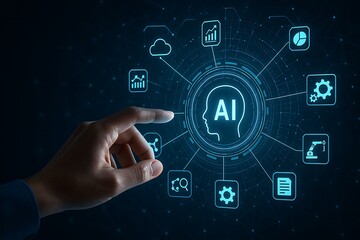 Futuristic user interface displaying artificial intelligence technology with glowing ai icons data analytics cloud computing automation and digital innovation concept in virtual blue background