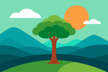 Fototapeta premium Stylized landscape with tree sun and clouds