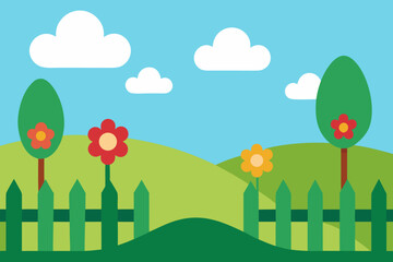 Cartoon springtime landscape with flowers trees and clouds