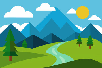 Fototapeta premium Flat design mountain landscape with river and sun