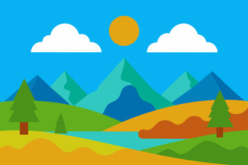 Obraz premium Stylized landscape with mountains trees clouds and sun