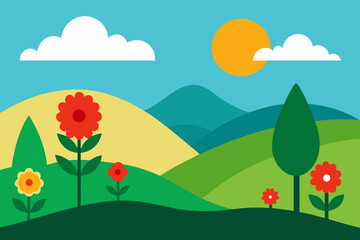 Obraz premium Stylized illustration of a vibrant spring landscape with rolling hills and flowers