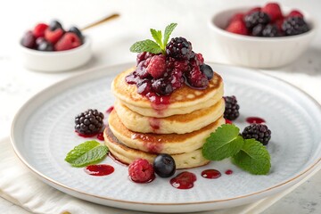 Delicious stack of fluffy pancakes topped with fresh mixed berries and a drizzle of syrup on a plate