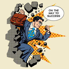 Business breakthrough success businessman hero breaks through the wall