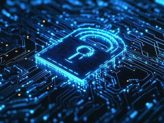 A digital padlock with an orange glow is featured on a blue circuit board, representing cybersecurity and data protection.
