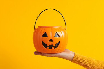 Orange plastic jack o lantern candy bucket held by a hand on a bright yellow background halloween pumpkin
