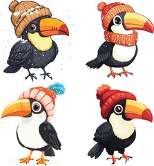 The little Toucan bird is wearing the hat in the winter season vector style on white background