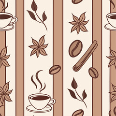A coffee-and-cinnamon themed autumn pattern with vertical stripes in espresso, cream, and copper