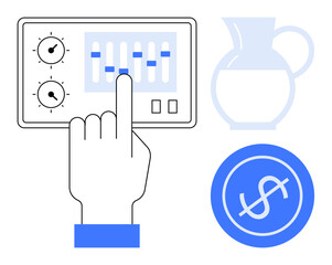 Hand interacts with sliders and knobs on control panel, pitcher in background, and currency sign. Ideal for finance, technology, budgeting, optimization, control resources and efficiency. Simple