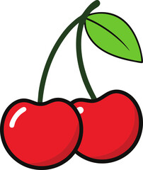 Two red cherries with green leaf isolated on transparent background