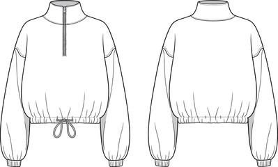 Cropped sweatshirt flat sketch, high neck, half zip, drawstring hem, fashion CAD, vector illustration, technical garment design, trendy apparel © kulsum creatives