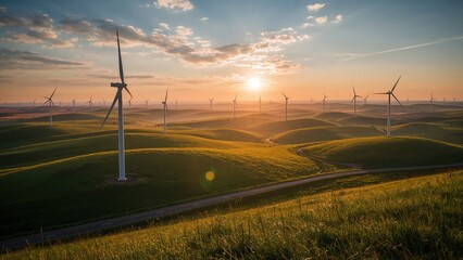 Wind Turbines on Rolling Hills at Sunset