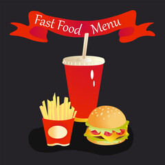 Hamburger meal served with French fries and soda. Fast food. Big single cheeseburger.