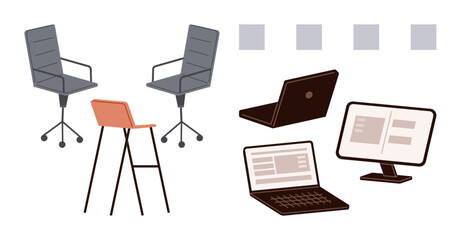 Fototapeta premium Office chairs with wheels, an elevated chair, two laptops, and a desktop monitor highlighting modern work settings. Ideal for productivity, flexibility, remote work, ergonomics, teamwork design